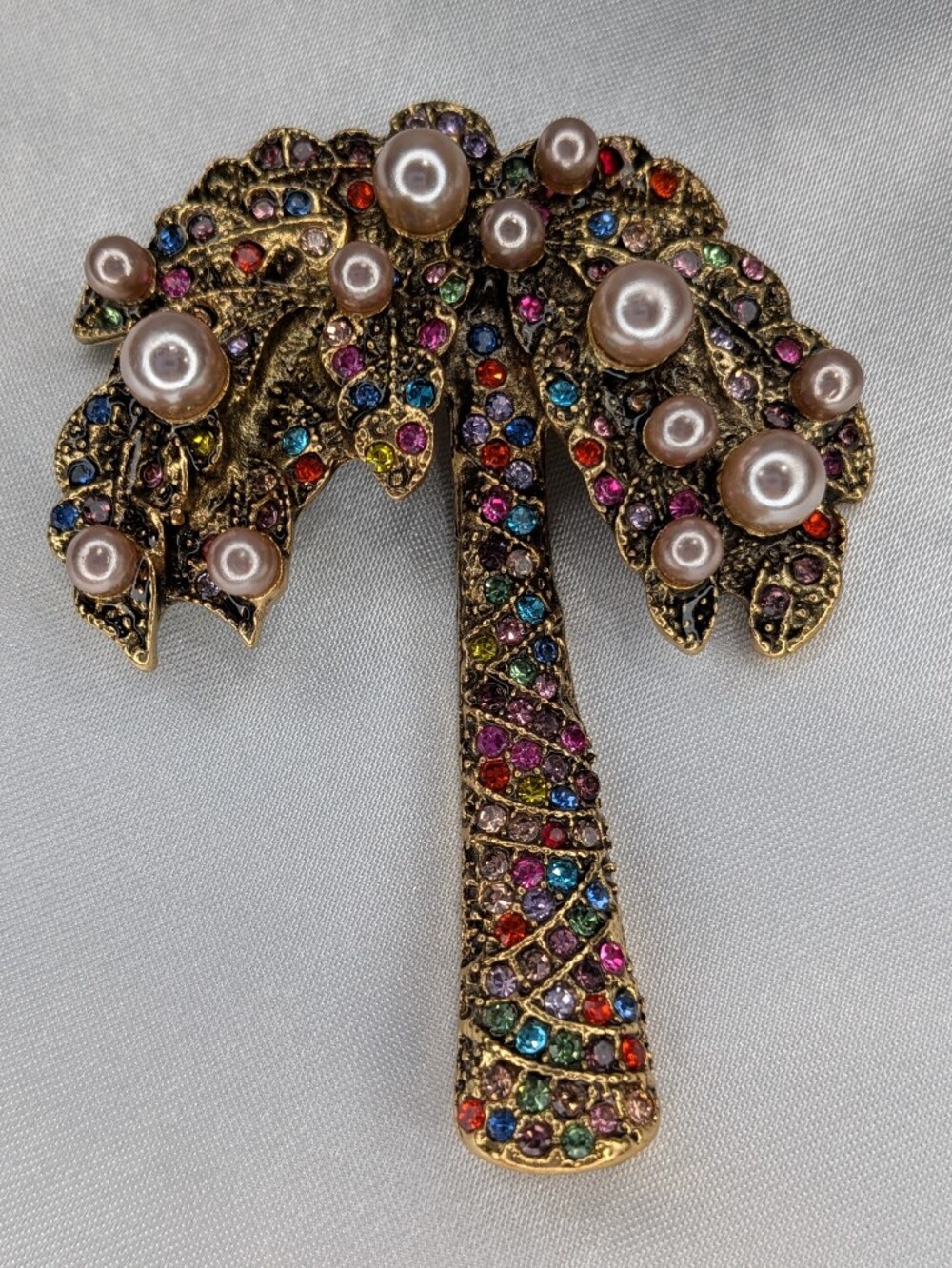 Multicolor Rhinestone Faux Pearl Palm Tree Brooch Pin Gold Tone Tropical
